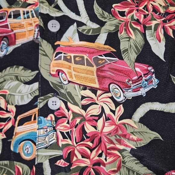 Izod Club Black Hawaiian Shirt L Aloha Car Print Retro 50s Style - Picture 5 of 8